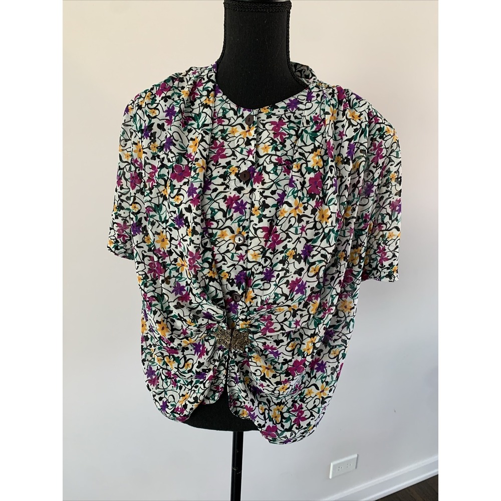 Victory Town Vintage Floral Blouse Draped Gold Clasp Cold Shoulder Purple Yellow